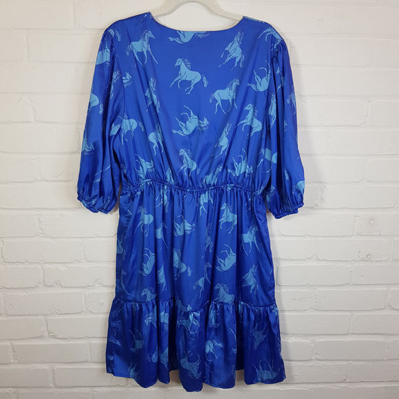 Twisted Wunder Christine Horse Print Mini Dress UK 22 Blue Satin Funky Plus BNWT - Picture 2 of 14